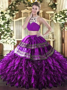 Fantastic Eggplant Purple Quinceanera Gowns Military Ball and Sweet 16 and Quinceanera with Beading and Ruffles High-nec