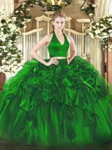 Dramatic Two Pieces Quinceanera Gowns Green Halter Top Organza Sleeveless Floor Length Zipper
