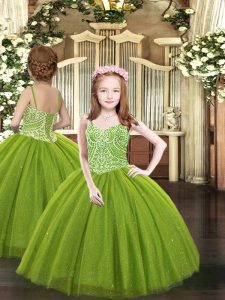 Custom Fit Sleeveless Tulle Floor Length Lace Up Pageant Gowns For Girls in Olive Green with Beading