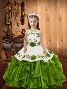 Fashion Embroidery and Ruffles Little Girls Pageant Gowns Olive Green Lace Up Sleeveless Floor Length