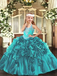 Floor Length Lace Up Pageant Dress for Teens Teal for Party and Quinceanera with Beading and Ruffles