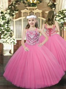 Rose Pink Sleeveless Floor Length Beading Lace Up Little Girl Pageant Dress