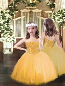 Orange Sleeveless Floor Length Beading Lace Up Kids Pageant Dress