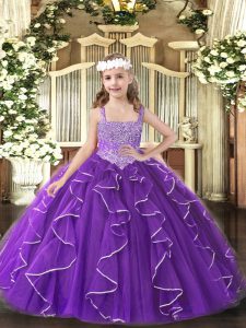 Nice Purple Ball Gowns Tulle Straps Sleeveless Beading and Ruffles Floor Length Lace Up Pageant Dress Toddler