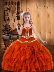Straps Sleeveless Little Girls Pageant Dress Wholesale Floor Length Embroidery and Ruffles Orange Red Organza