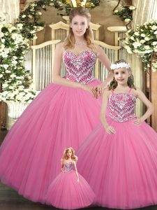 Perfect Floor Length Rose Pink Quinceanera Gown Tulle Sleeveless Beading