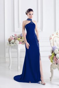 Modest Royal Blue Prom Dress Prom and Party with Beading Halter Top Sleeveless Sweep Train Lace Up