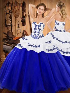 Royal Blue Lace Up Strapless Embroidery 15th Birthday Dress Satin and Organza Sleeveless