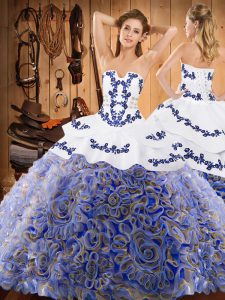 Latest Sleeveless With Train Embroidery Lace Up Quinceanera Dresses with Multi-color Sweep Train