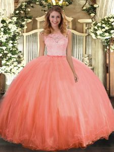 Romantic Orange Red Clasp Handle Scoop Lace Quince Ball Gowns Tulle Sleeveless