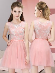 Ideal Scoop Sleeveless Bridesmaid Dresses Mini Length Lace Baby Pink Tulle