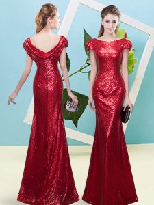 Extravagant Wine Red Mermaid Sequins Prom Party Dress Zipper Sequined Cap Sleeves Floor Length