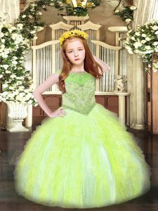 Yellow Green Organza Zipper Little Girls Pageant Dress Sleeveless Floor Length Beading and Ruffles