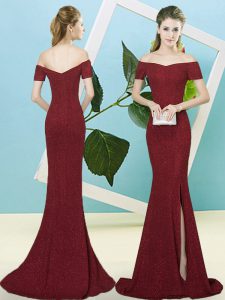 Exquisite Burgundy Zipper Prom Gown Sequins Short Sleeves Sweep Train