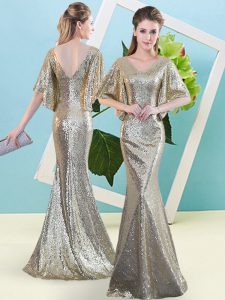 Colorful Half Sleeves Floor Length Sequins Zipper Prom Dresses with Silver