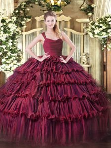 Burgundy Ball Gowns Ruffled Layers Ball Gown Prom Dress Zipper Organza Sleeveless Floor Length