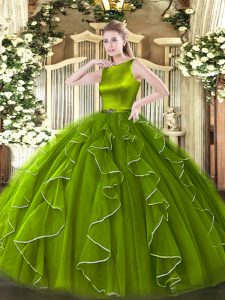 Olive Green Scoop Clasp Handle Ruffles Quince Ball Gowns Sleeveless