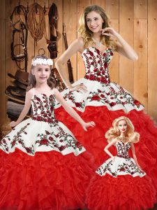 White And Red Lace Up Sweetheart Embroidery and Ruffles 15th Birthday Dress Satin and Organza Sleeveless