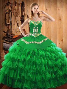 Unique Embroidery and Ruffled Layers Quince Ball Gowns Green Lace Up Sleeveless Floor Length