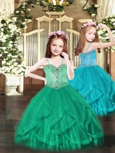 Custom Designed Turquoise Lace Up Pageant Gowns Beading and Ruffles Sleeveless Floor Length