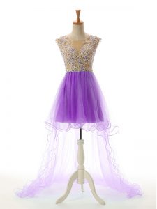 Trendy Eggplant Purple A-line Tulle Scoop Sleeveless Appliques High Low Backless Prom Dresses