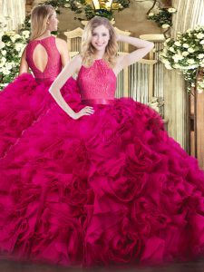 Fantastic Hot Pink Zipper Ball Gown Prom Dress Lace Sleeveless Floor Length