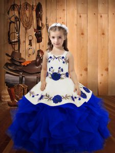 New Arrival Royal Blue Straps Lace Up Embroidery and Ruffles Girls Pageant Dresses Sleeveless