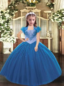Admirable Blue Lace Up Straps Beading Little Girl Pageant Gowns Tulle Sleeveless