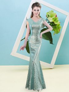 Fancy Teal Sequined Zipper Dress for Prom Cap Sleeves Floor Length Sequins