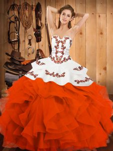 Exquisite Strapless Sleeveless Lace Up Quinceanera Dress Orange Red Satin and Organza