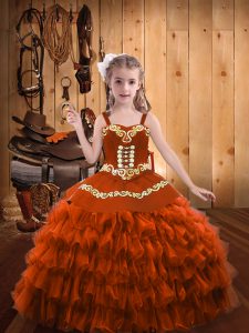 Rust Red Lace Up Straps Embroidery and Ruffled Layers Little Girl Pageant Dress Organza Sleeveless