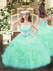 Floor Length Apple Green Little Girls Pageant Gowns Straps Sleeveless Lace Up