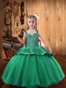 Floor Length Green Kids Pageant Dress Straps Sleeveless Lace Up