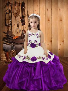 Embroidery and Ruffles Pageant Gowns For Girls Purple Lace Up Sleeveless Floor Length