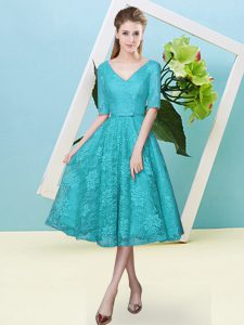 Lace V-neck Half Sleeves Lace Up Bowknot Quinceanera Court of Honor Dress in Teal