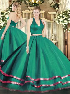 Glittering Floor Length Dark Green Quinceanera Dress Tulle Sleeveless Ruffled Layers