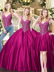 Fine Sleeveless Tulle Floor Length Lace Up Quinceanera Gown in Fuchsia with Beading
