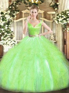 Sleeveless Tulle Floor Length Zipper 15th Birthday Dress in Yellow Green with Beading and Ruffles