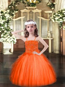 Trendy Spaghetti Straps Sleeveless Tulle Little Girl Pageant Dress Beading and Ruffles Lace Up