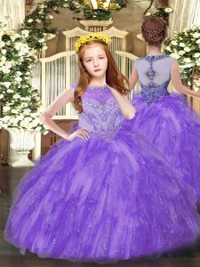 Beautiful Lavender Tulle Zipper Scoop Sleeveless Floor Length Pageant Dress Womens Beading and Ruffles