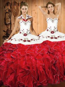 Enchanting White And Red Sleeveless Floor Length Embroidery and Ruffles Lace Up Ball Gown Prom Dress