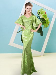 Best Selling V-neck Half Sleeves Prom Dresses Floor Length Sequins Yellow Green Sequined