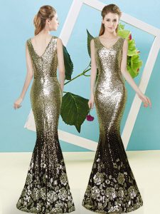 On Sale Floor Length Zipper Formal Evening Gowns Gold for Prom and Party with Sequins