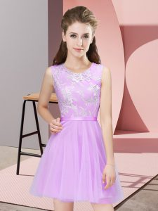 Inexpensive Lilac A-line Tulle Scoop Sleeveless Lace Mini Length Side Zipper Quinceanera Court Dresses