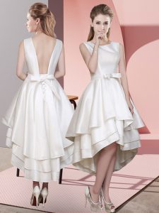 Fine White Satin Lace Up Bridesmaid Dresses Sleeveless High Low Ruffled Layers