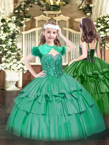 Amazing Turquoise Straps Neckline Beading and Ruffled Layers Child Pageant Dress Sleeveless Lace Up