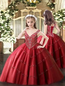 Trendy Sleeveless Lace Up Floor Length Beading and Appliques Pageant Gowns For Girls