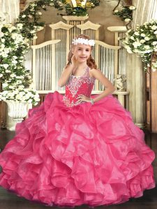 Beauteous Hot Pink Ball Gowns V-neck Sleeveless Organza Floor Length Lace Up Beading and Ruffles Kids Formal Wear