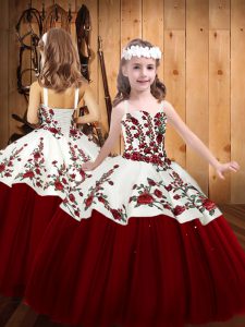 Red Lace Up Little Girl Pageant Gowns Embroidery Sleeveless Floor Length