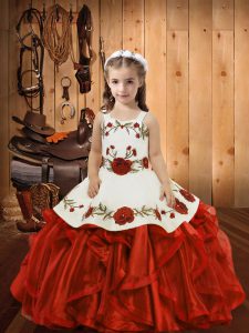 Classical Red Organza Lace Up Little Girls Pageant Dress Sleeveless Floor Length Ruffles